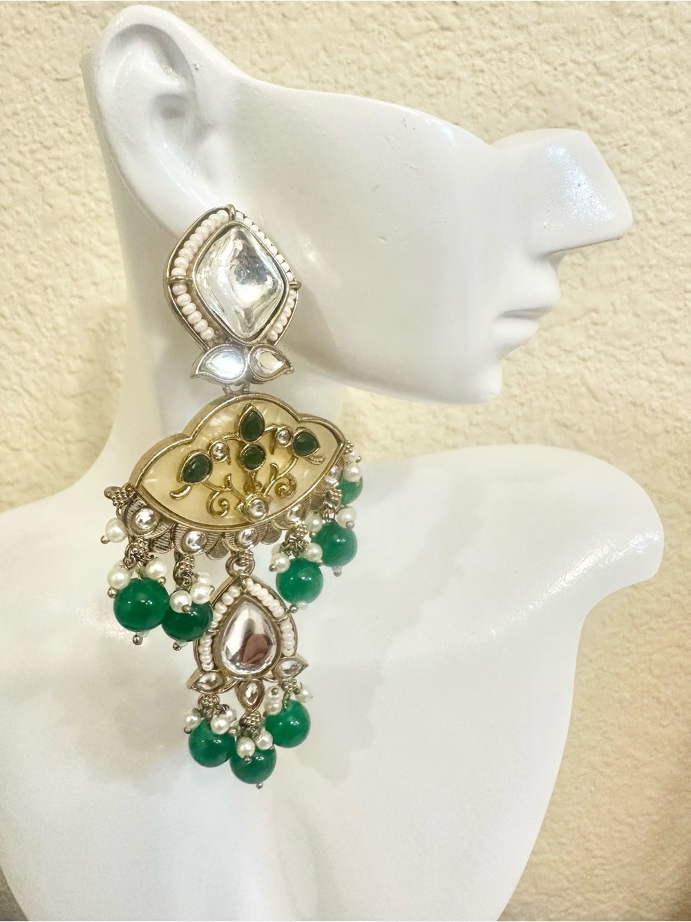 Gold Plated Green & Gold Kundan-Style Drop Earrings
